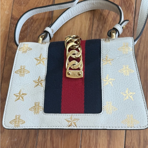 Gucci Sylvie Bee Star Leather Shoulder Bag White Web Stripe Small Project piece - Picture 7 of 16